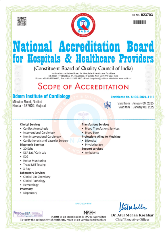 NABH accreditation certificate, DDMM Heart Institute